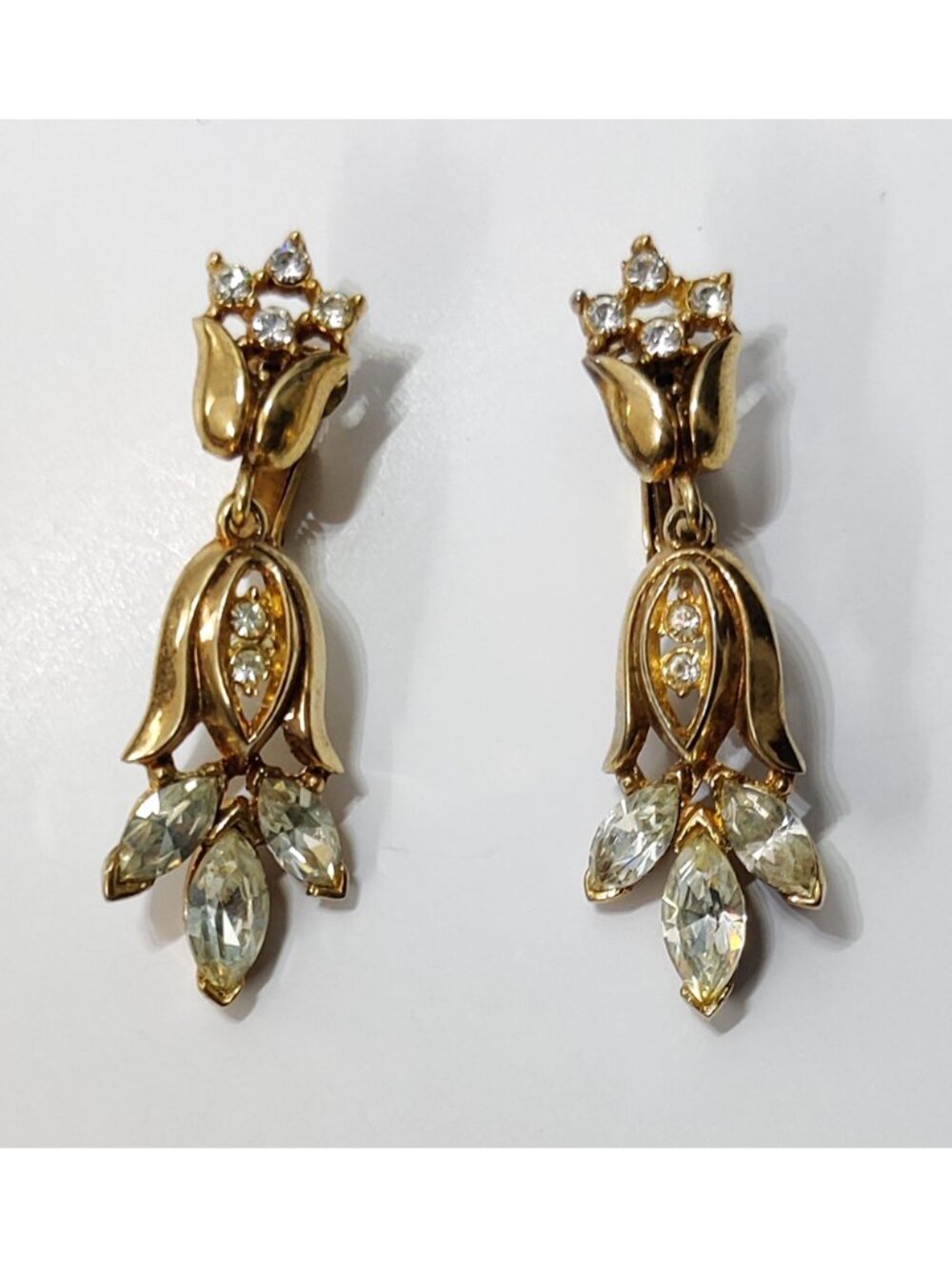 Vintage Crown Trifari Tulip Rhinestone Clip Earrings